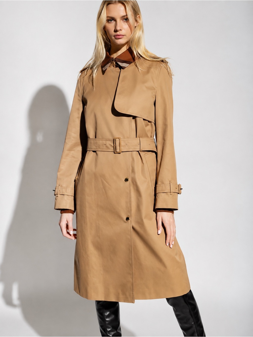 Burberry Sandridge Long Check Collar Gabardine Trench Coat Camel NWOT Size 2 - Picture 2 of 15